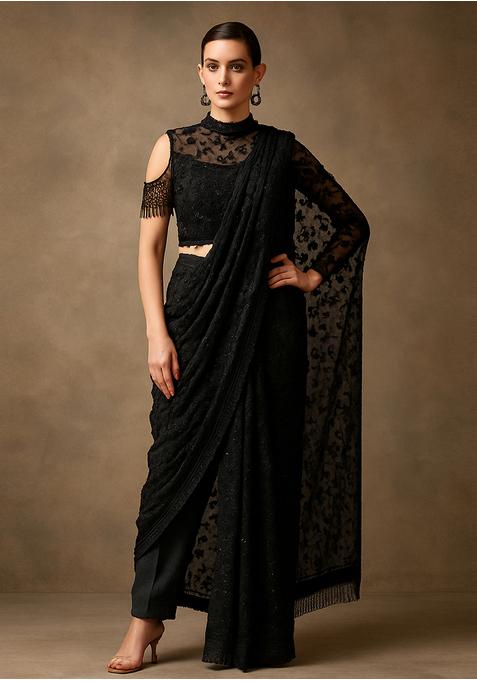 Black Net Embroidered Fusion Set