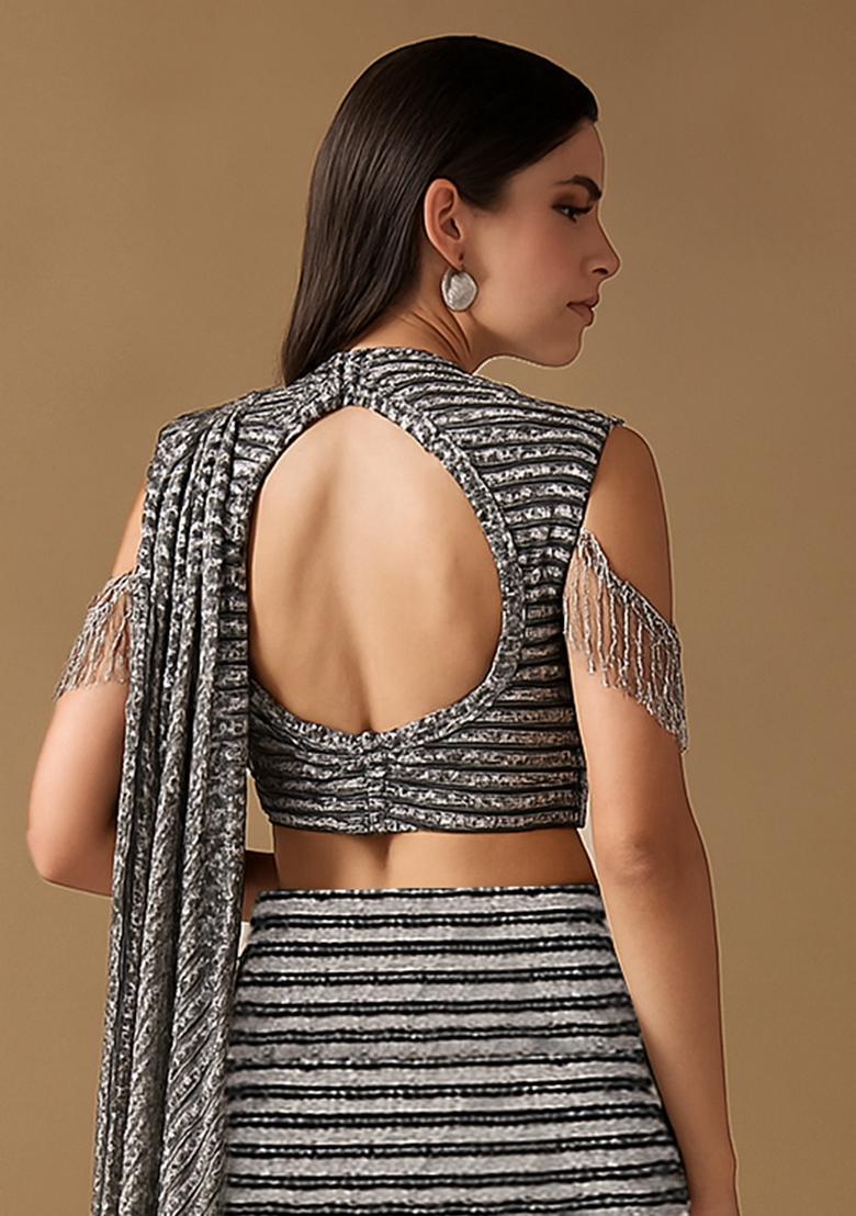 Silver Net Sequin Embellished Fusion Set - Indya