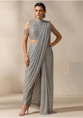Silver Georgette Sequin Embellished Fusion Set