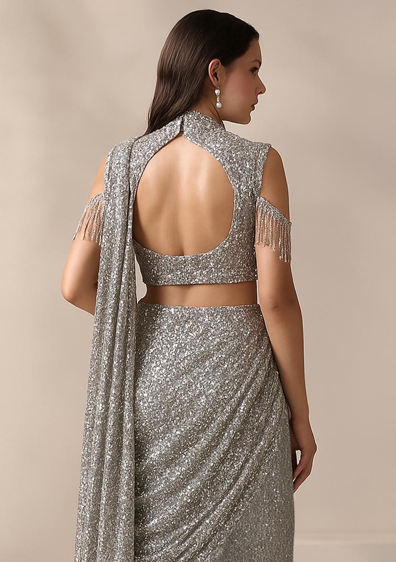 Silver Georgette Sequin Embellished Fusion Set - Indya