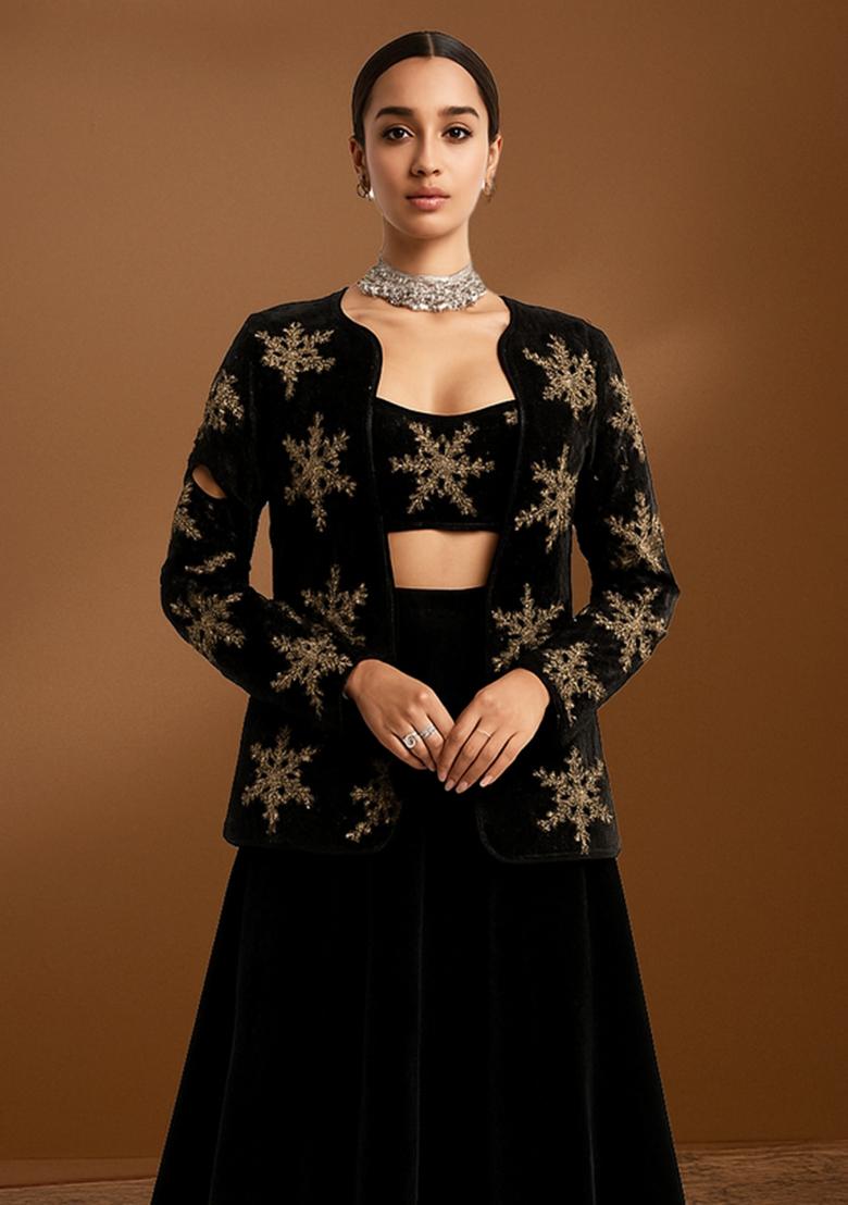 Black Velvet Sequin Embroidered Fusion Set - Indya