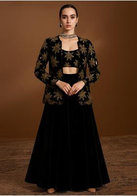 Bottle Green Velvet Sequin Embroidered Fusion Set