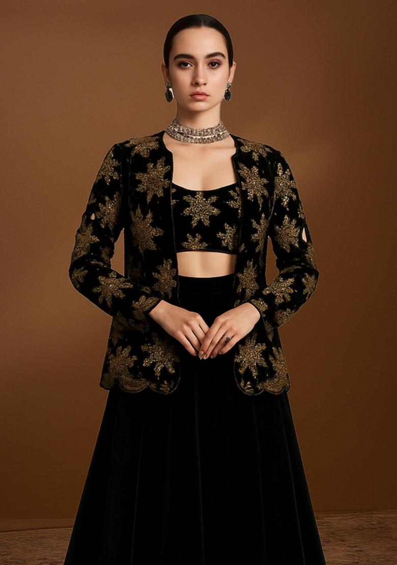 Bottle Green Velvet Sequin Embroidered Fusion Set - Indya