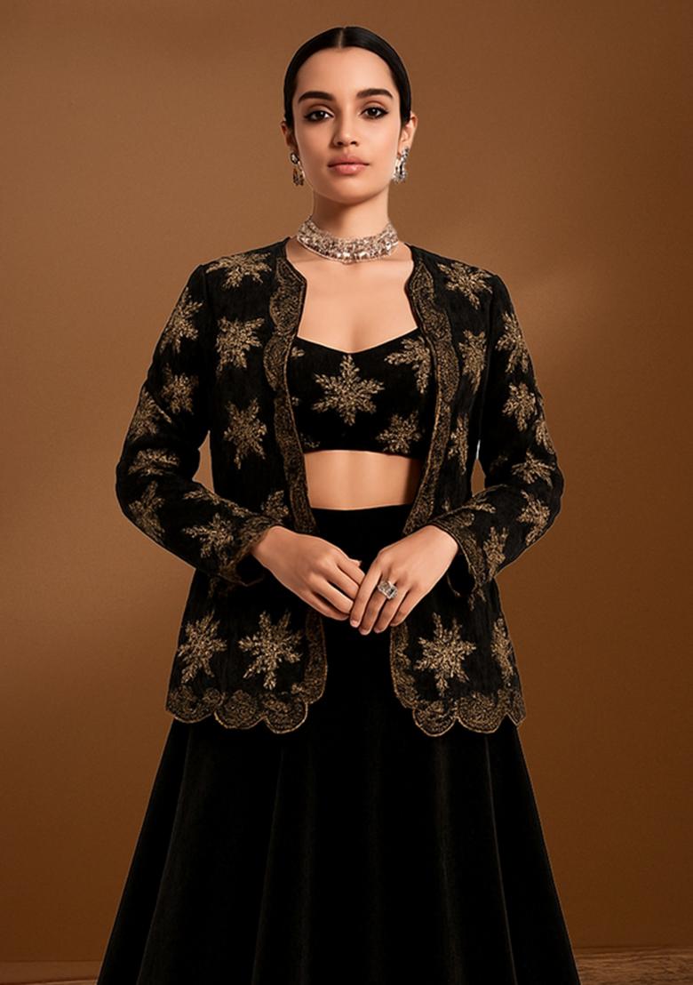 Black Velvet Sequin Embroidered Fusion Set - Indya