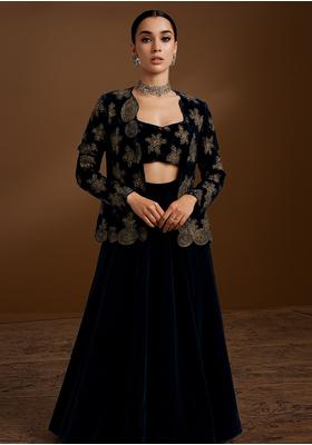 Navy Blue Velvet Sequin Embroidered Fusion Set