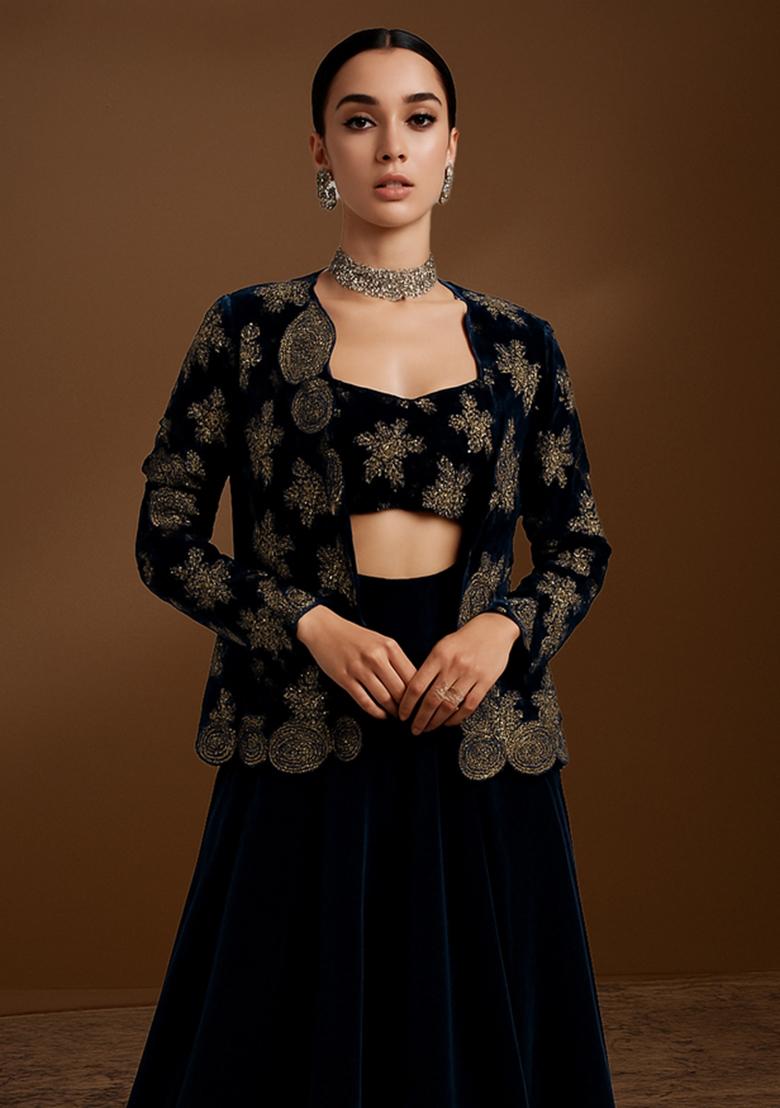 Navy Blue Velvet Sequin Embroidered Fusion Set - Indya