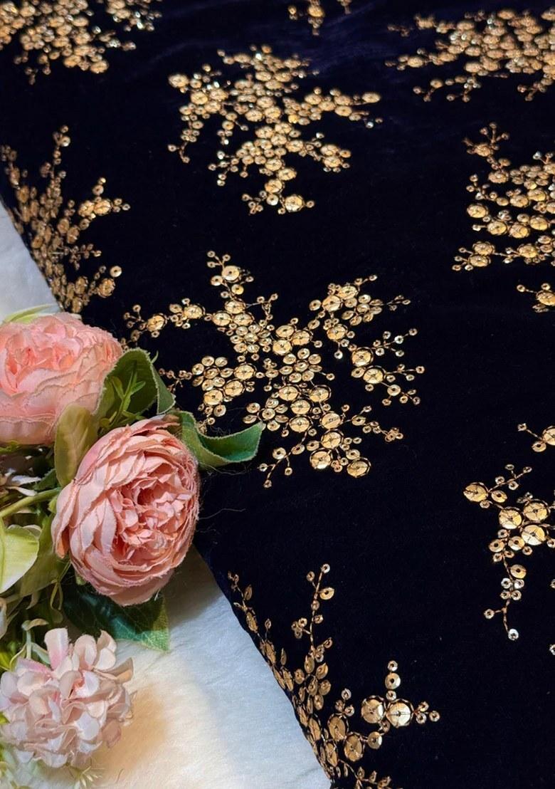 Navy Blue Velvet Sequin Embroidered Fusion Set - Indya