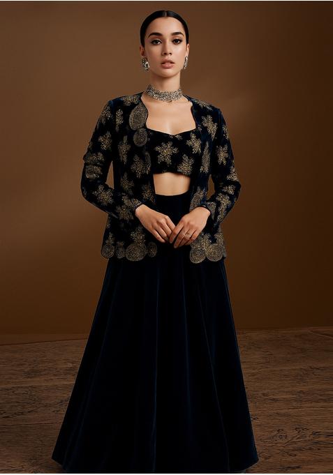 Navy Blue Velvet Sequin Embroidered Fusion Set