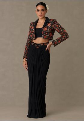 Navy Blue Crepe Embroidered Fusion Set