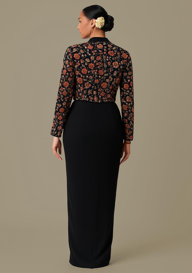 Navy Blue Crepe Embroidered Fusion Set - Indya