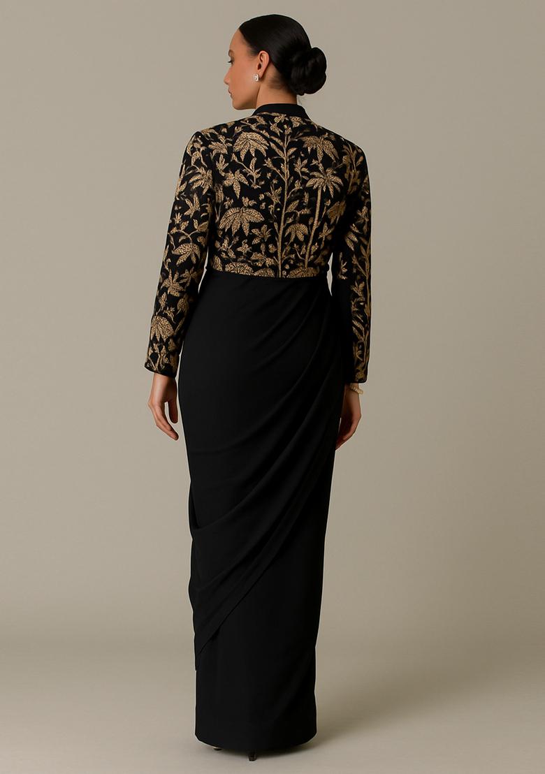 Black Crepe Embroidered Fusion Set - Indya