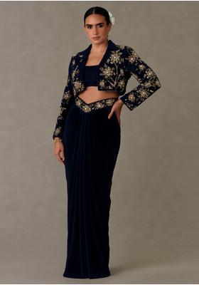 Navy Blue Crepe Sequin Embroidered Blouse Fusion Set