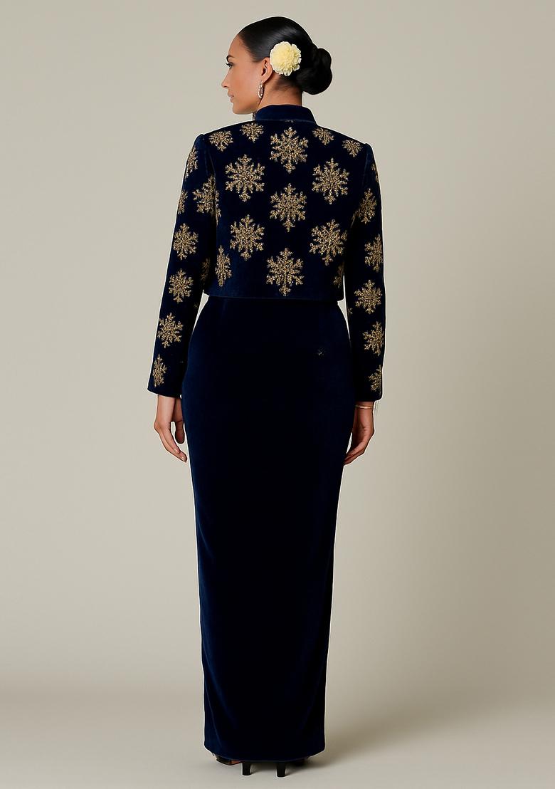 Navy Blue Crepe Sequin Embroidered Blouse Fusion Set - Indya