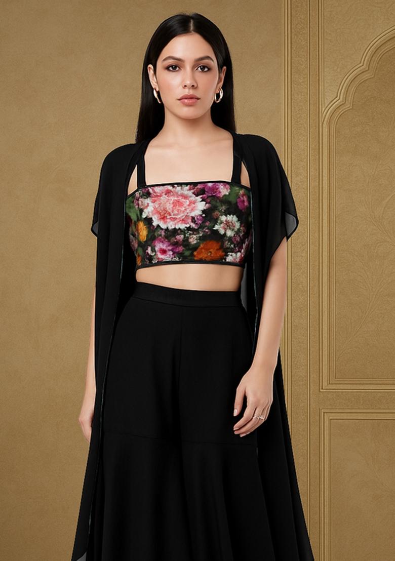 Black Georgette Sequin Embellished Blouse Fusion Set - Indya