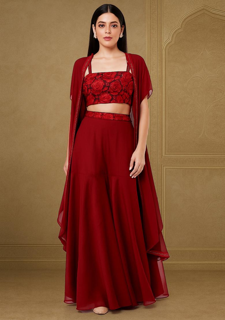 Maroon Georgette Sequin Embellished Blouse Fusion Set - Indya