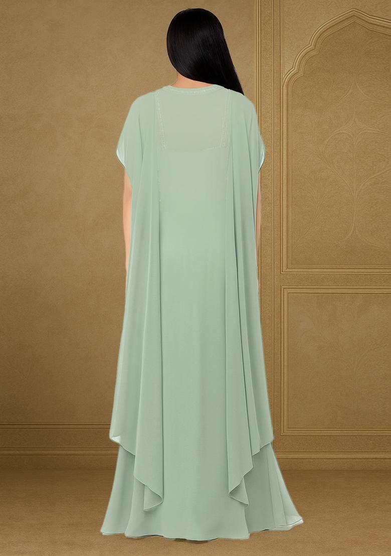 Sage Green Georgette Embellished Blouse Fusion Set - Indya