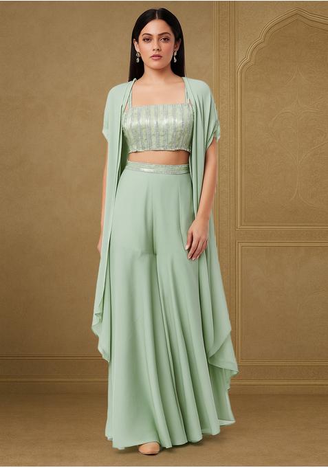 Sage Green Georgette Embellished Blouse Fusion Set