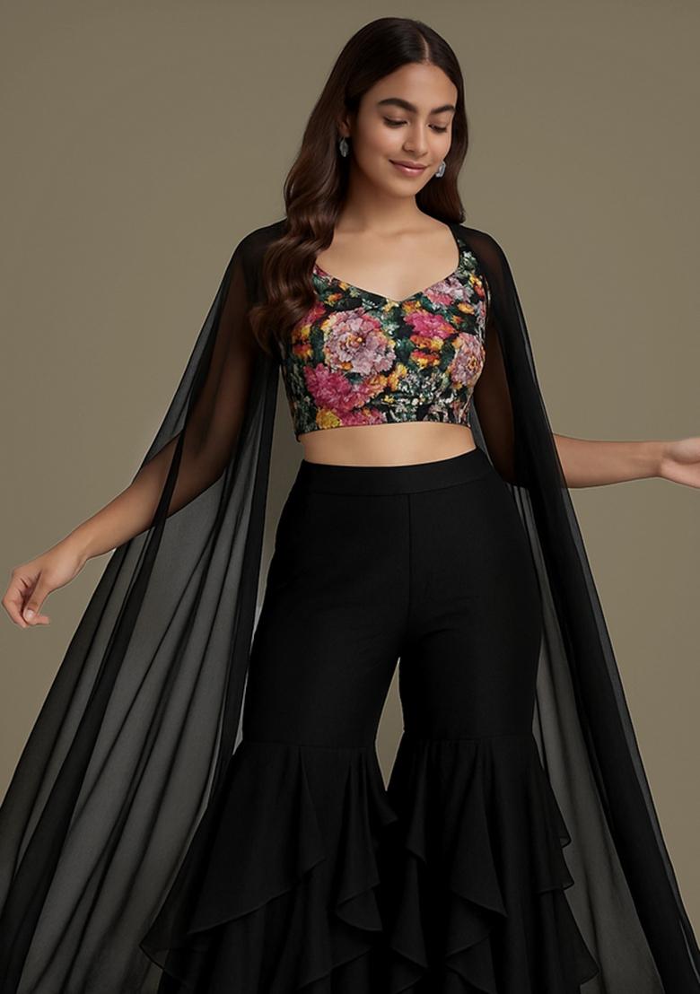 Black Georgette Embellished Blouse Fusion Set - Indya