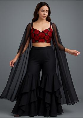 Black Georgette Embellished Blouse Fusion Set