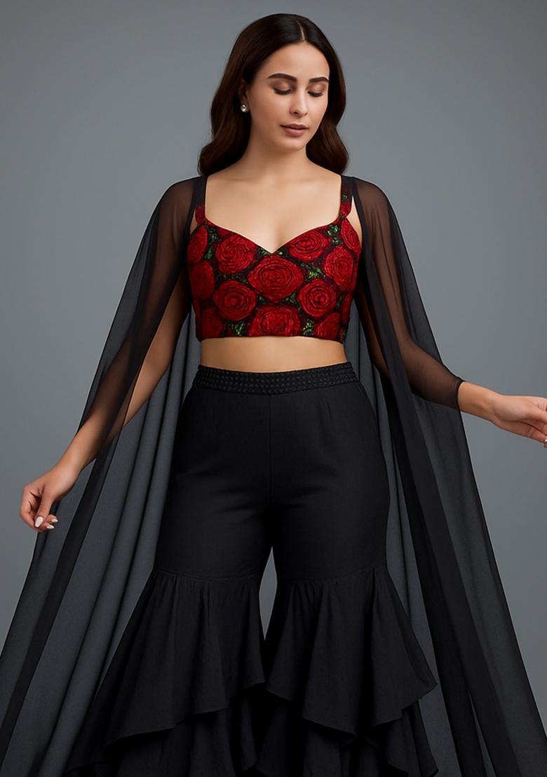 Black Georgette Embellished Blouse Fusion Set - Indya