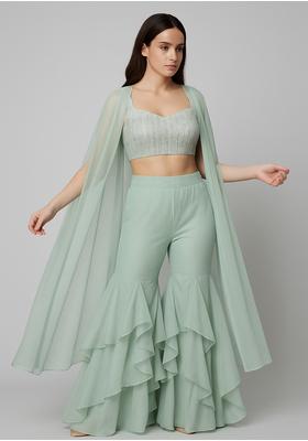 Sage Green Georgette Embellished Blouse Fusion Set