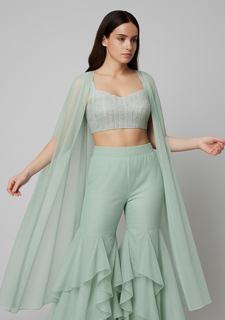 Sage Green Georgette Embellished Blouse Fusion Set - Indya