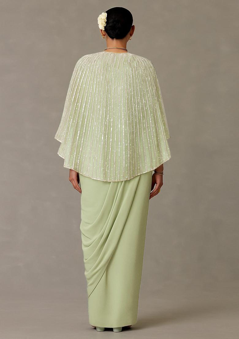 Sage Green Crepe Embellished Fusion Set - Indya