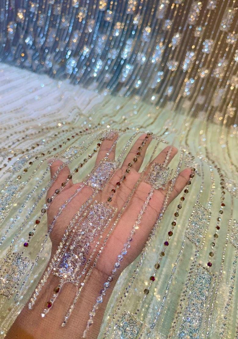 Sage Green Crepe Embellished Fusion Set - Indya