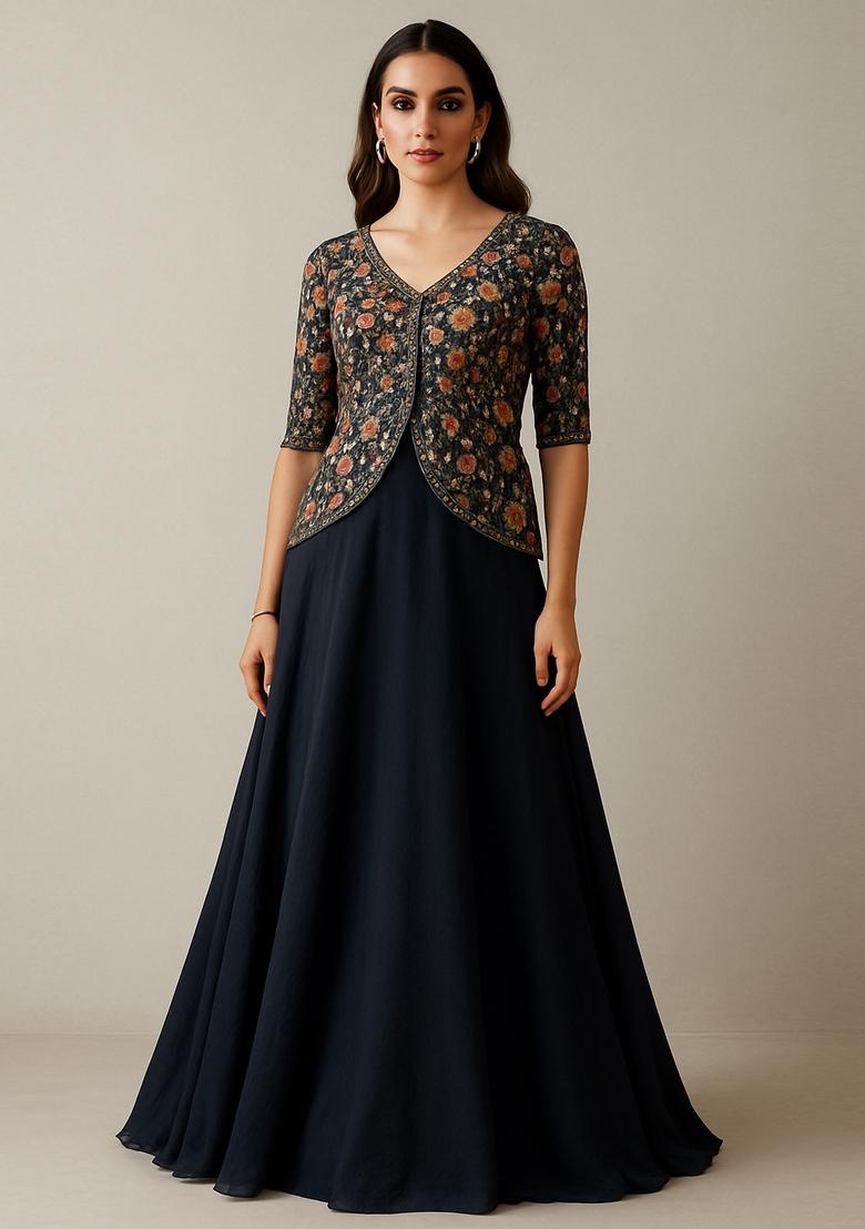 Dark Blue Chinon Embroidered Blouse Lehenga Set