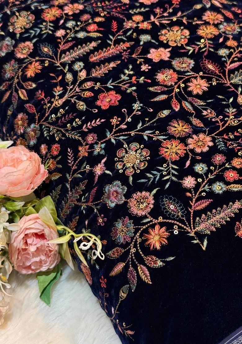 Dark Blue Chinon Embroidered Blouse Lehenga Set