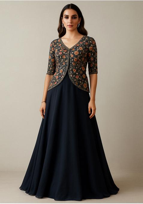 Dark Blue Chinon Embroidered Blouse Lehenga Set