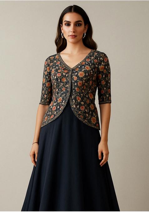 Dark Blue Chinon Embroidered Blouse Lehenga Set