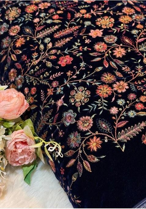 Dark Blue Chinon Embroidered Blouse Lehenga Set