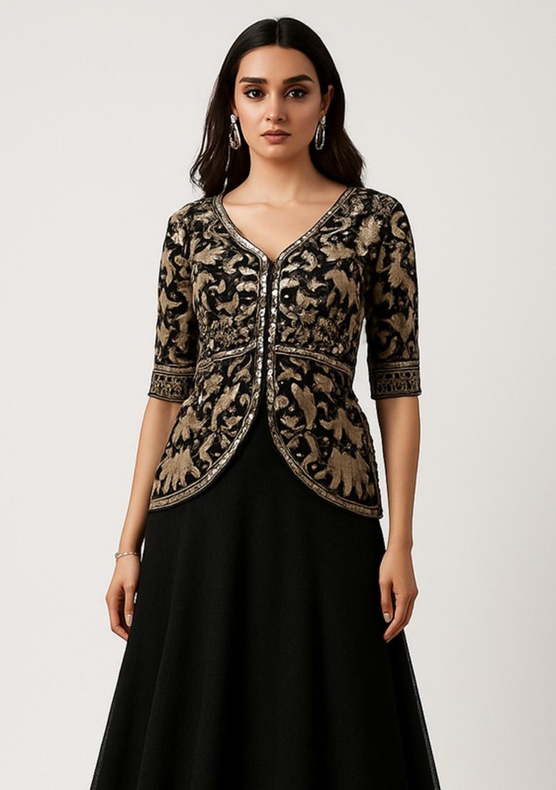 Navy Blue Chinon Sequin Embellished Lehenga Set - Indya