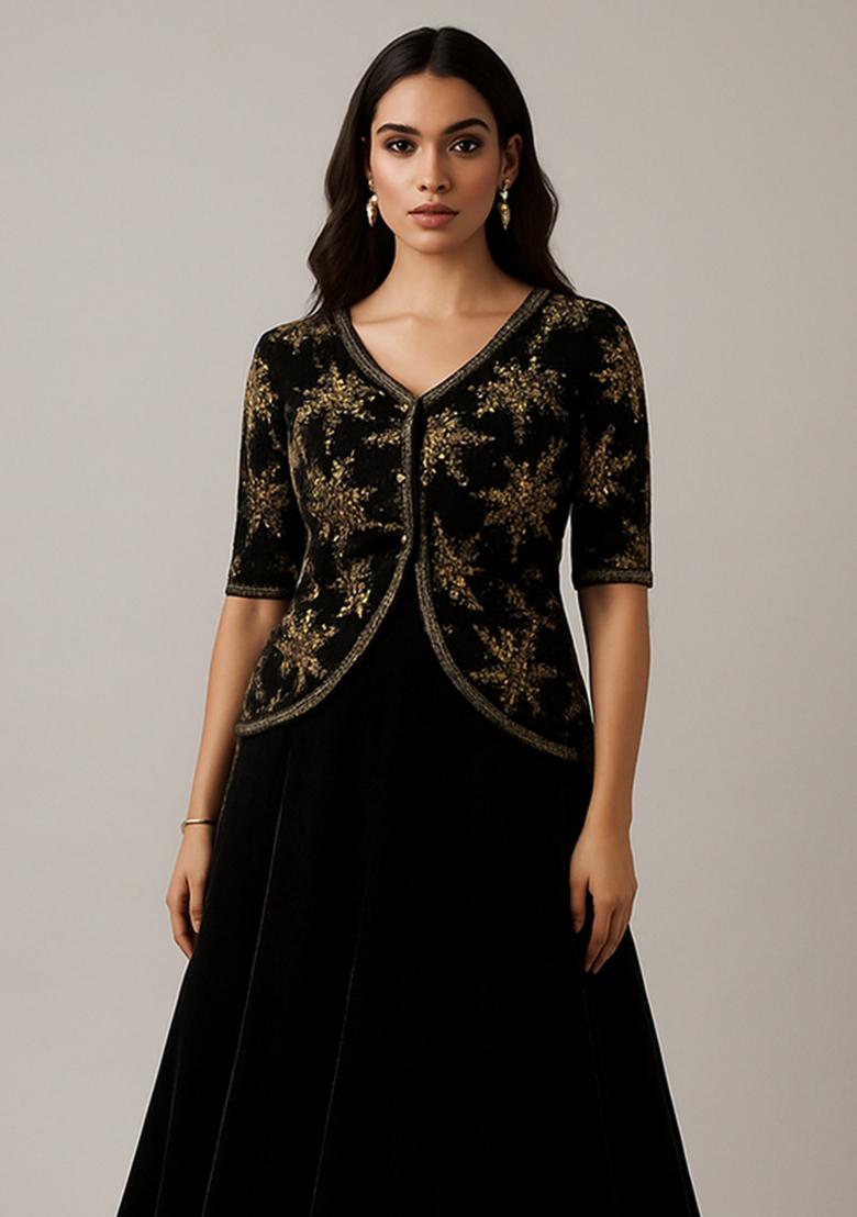 Black Chinon Sequin Embellished Lehenga Set - Indya