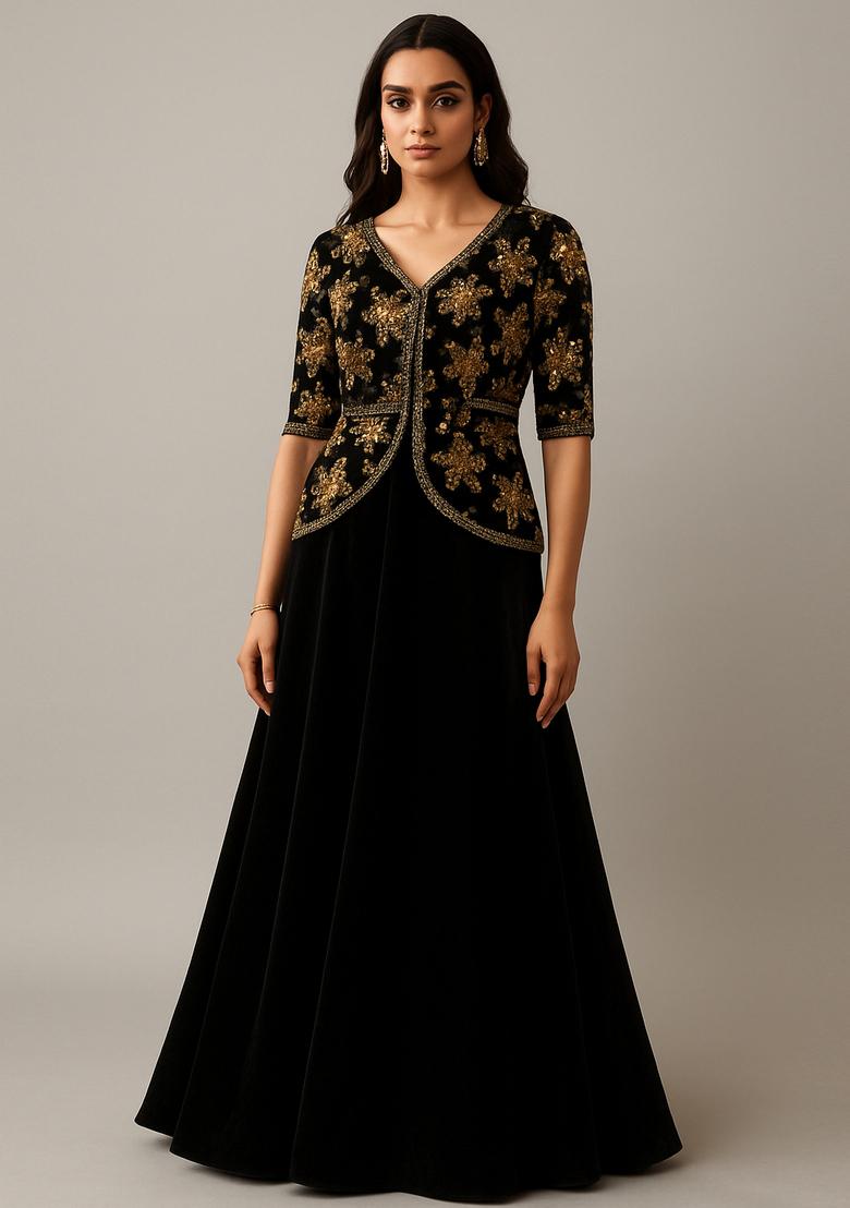 Black Chinon Embroidered Blouse Lehenga Set