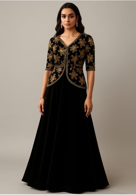 Black Chinon Embroidered Blouse Lehenga Set