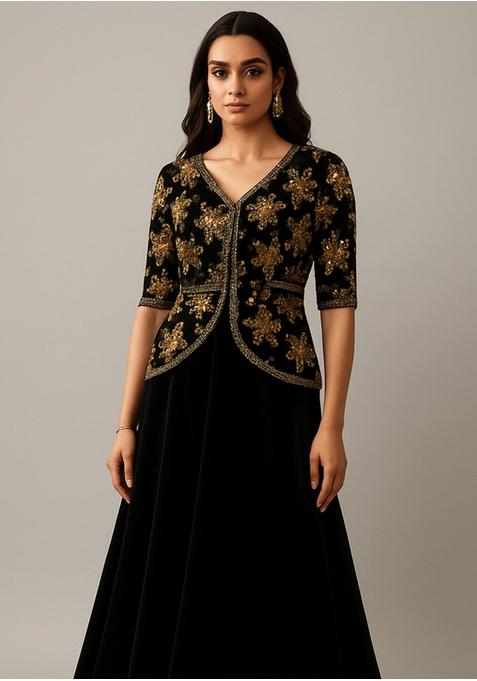 Black Chinon Embroidered Blouse Lehenga Set