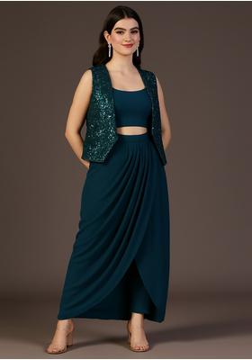 Navy Blue Chinon Sequin Embellished Fusion Set