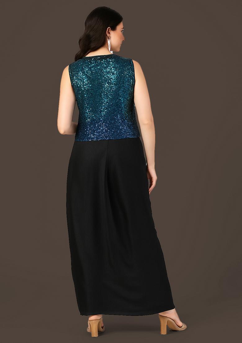 Navy Blue Chinon Sequin Embellished Fusion Set - Indya