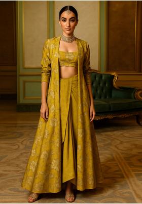 Mustard Yellow Silk Printed Fusion Set