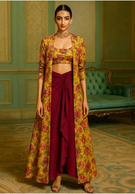 Mustard Yellow Silk Printed Fusion Set
