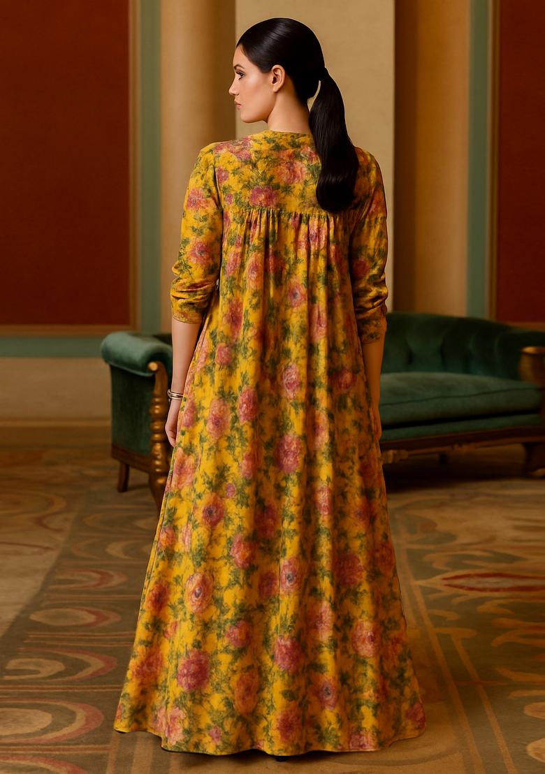 Mustard Yellow Silk Printed Fusion Set - Indya