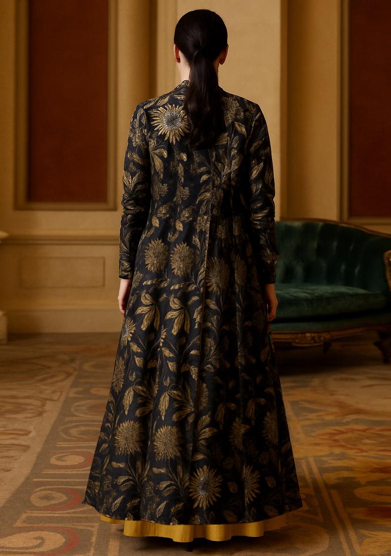 Dark Blue Silk Printed Fusion Set - Indya