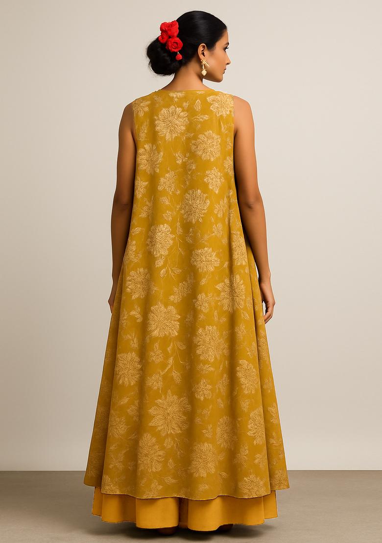 Mustard Yellow Satin Printed Fusion Set - Indya
