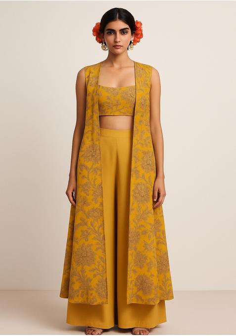 Mustard Yellow Satin Printed Fusion Set