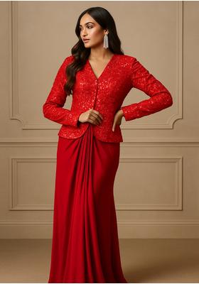 Red Satin Embellished Jacket Fusion Set