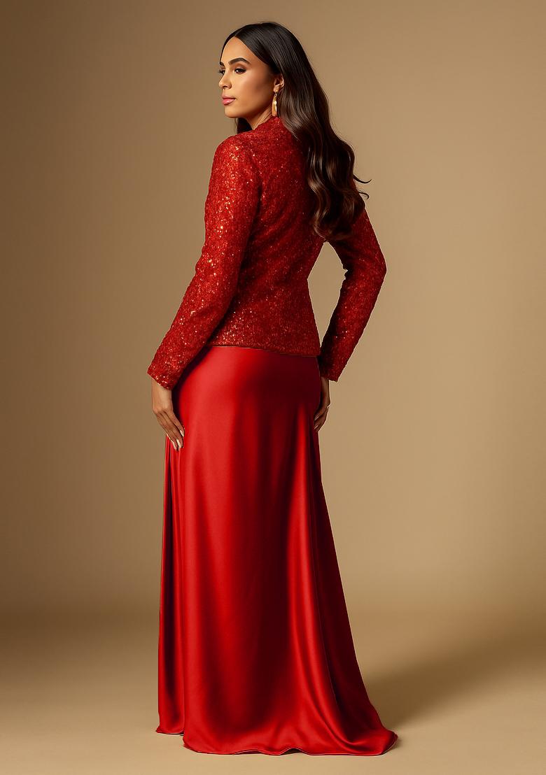 Red Satin Embellished Jacket Fusion Set - Indya
