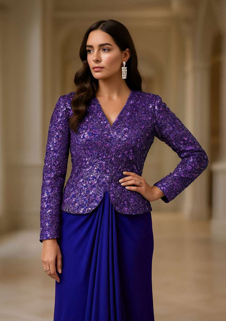 Royal Blue Satin Embellished Jacket Fusion Set - Indya
