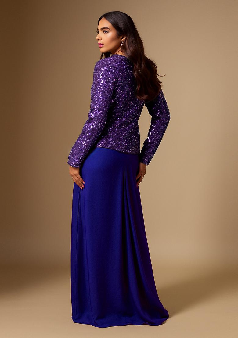 Royal Blue Satin Embellished Jacket Fusion Set - Indya